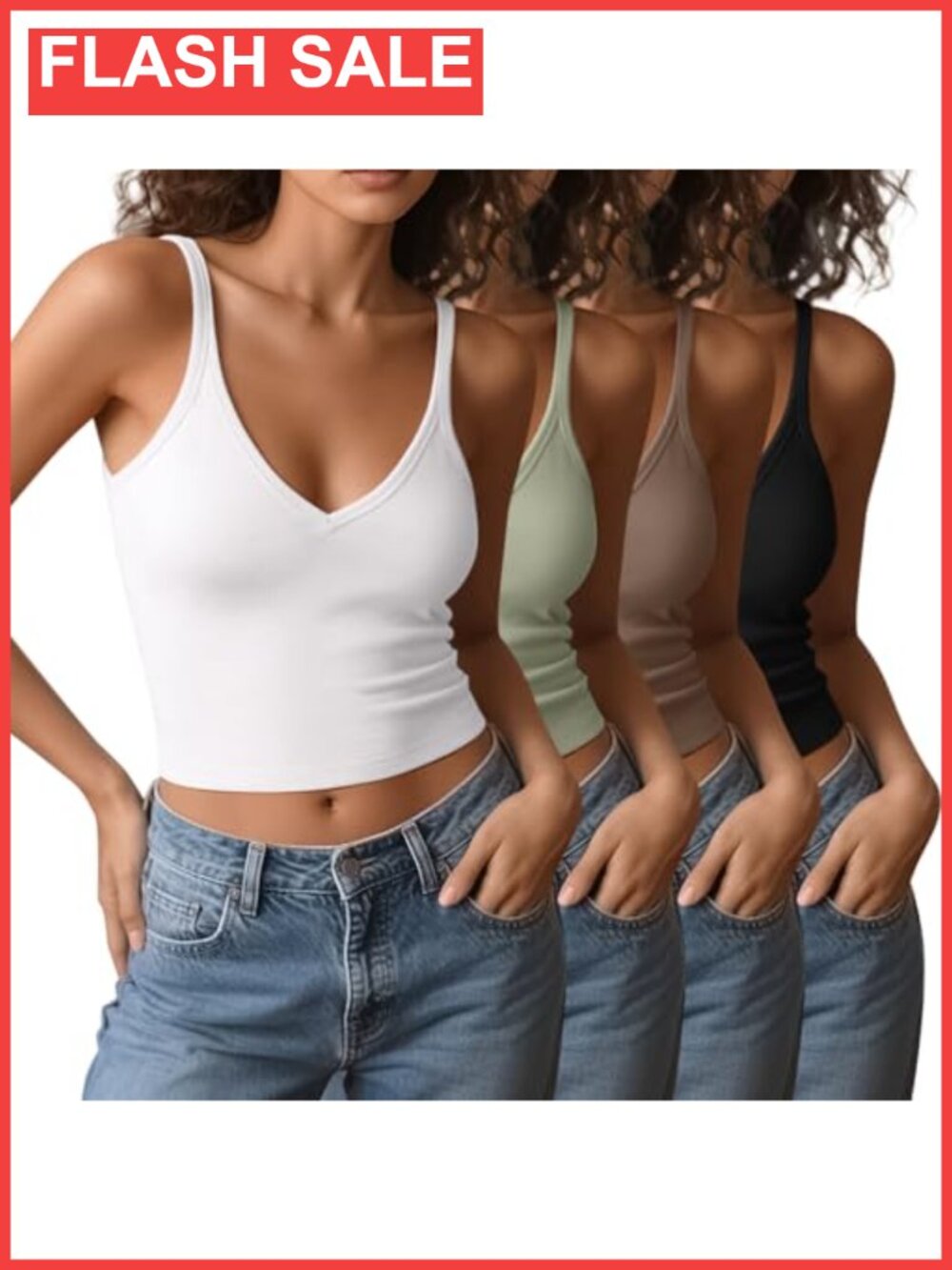 4 Pack V Neck Spaghetti Strap Crop Tops Cotton Stretch Cami Tank Tops